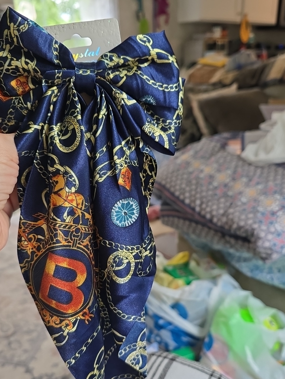 Womens Navy & Gold Patterned Bow Hair Accessory